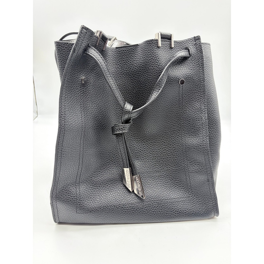 Steve Madden Tote Bag Womens Large Black Pebbled Faux Leather Silver Lining A6